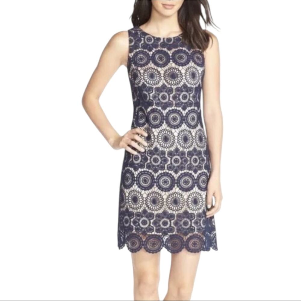 Eliza J Sleeveless Party Cocktail Blue‎ Beige Crochet Lace Sheath Dress Sz 2 New